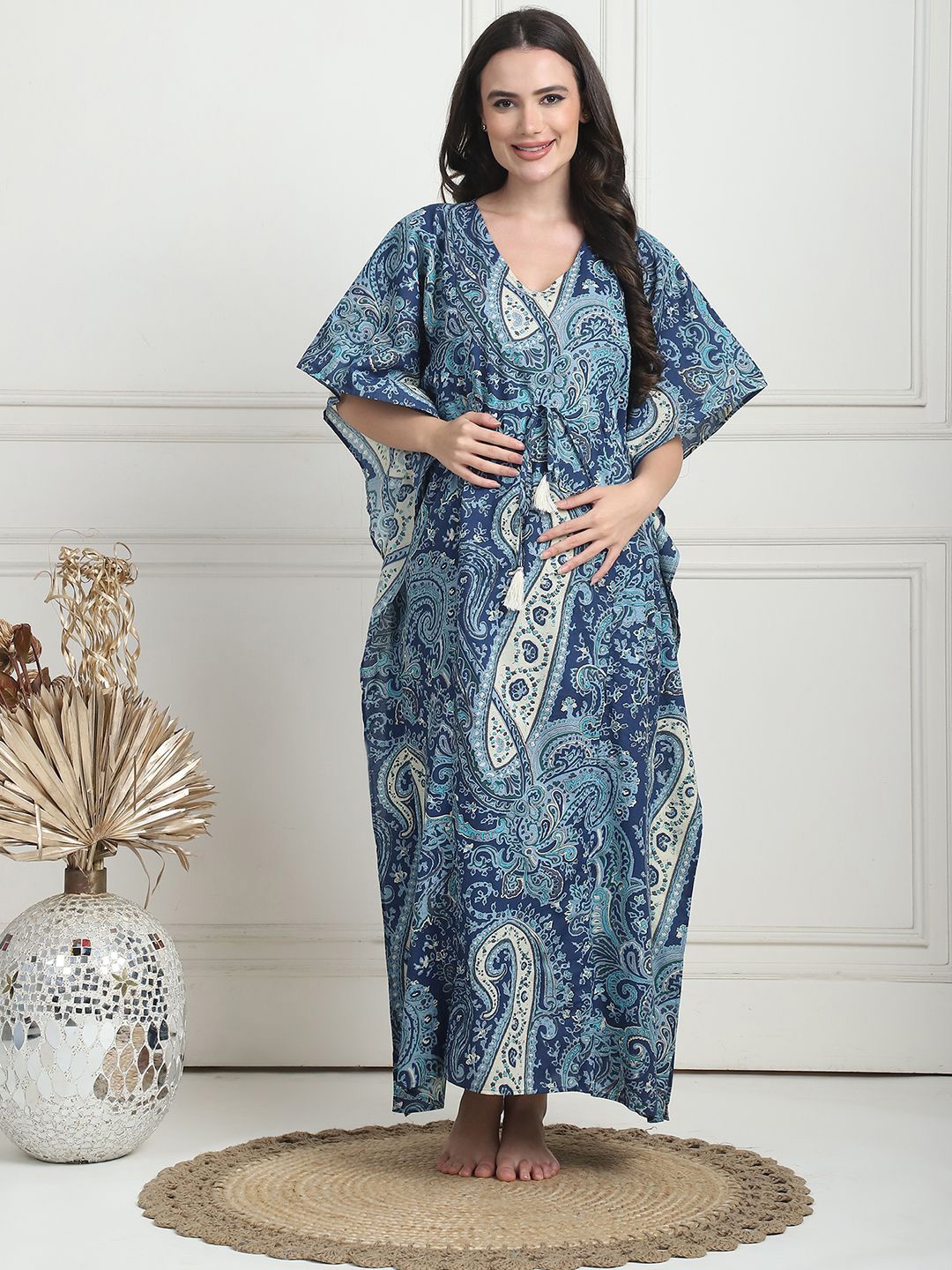 

Secret Wish Ethnic Motifs Printed Maxi Cotton Kaftan Nightdress, Blue
