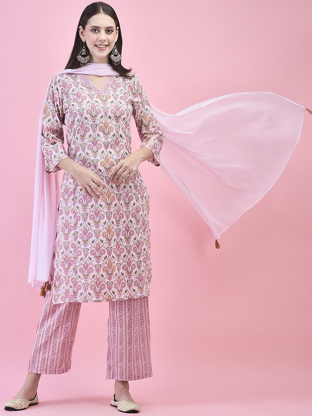 

Shree Floral Printed V-Neck Sequinned Pure Cotton Straight Kurta With Trousers & Dupatta, Pink