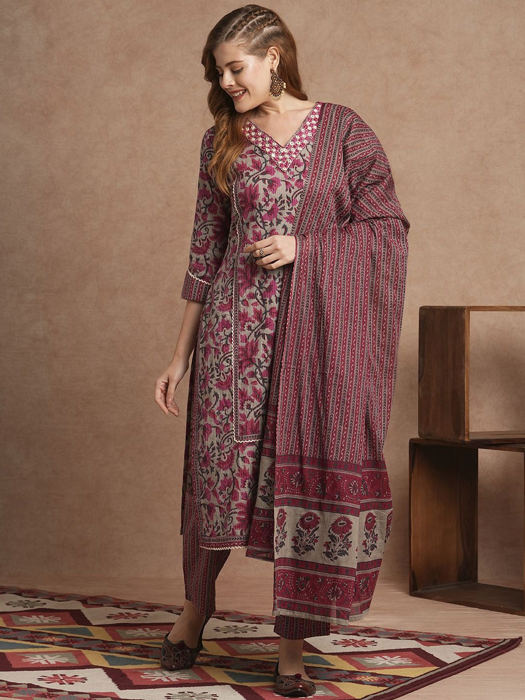 

FASHOR Floral Printed V-Neck Mirror Work Pure Cotton Kurta with Trousers & Dupatta, Brown