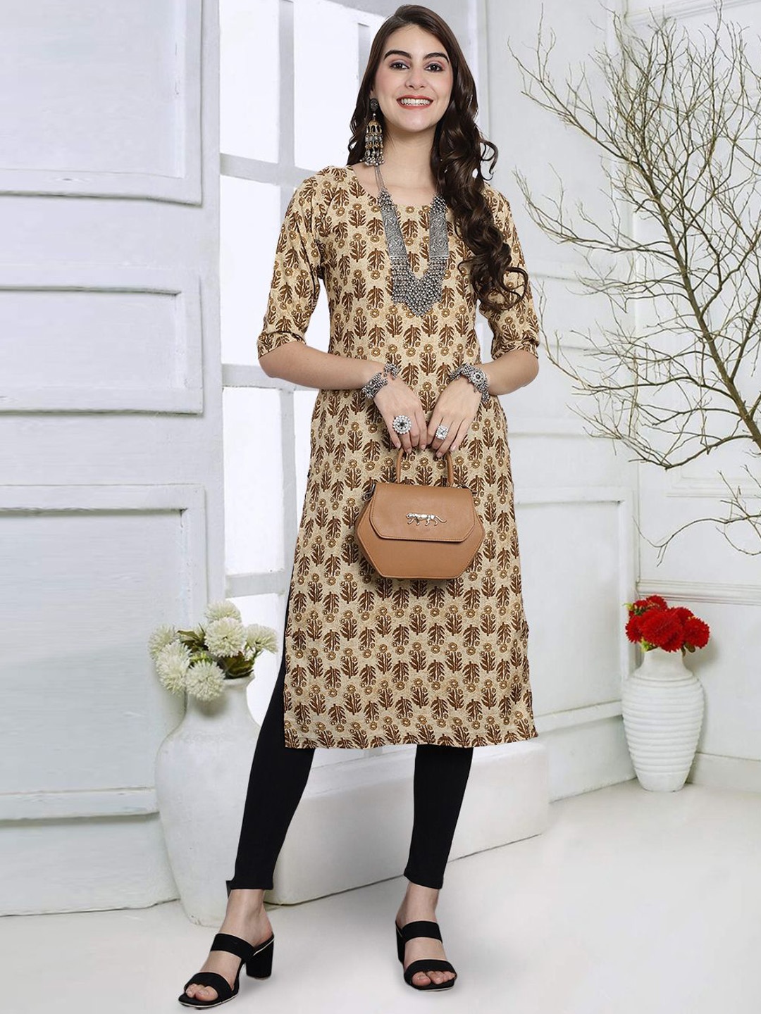 

KALINI Floral Printed Round Neck Straight Kurta, Brown