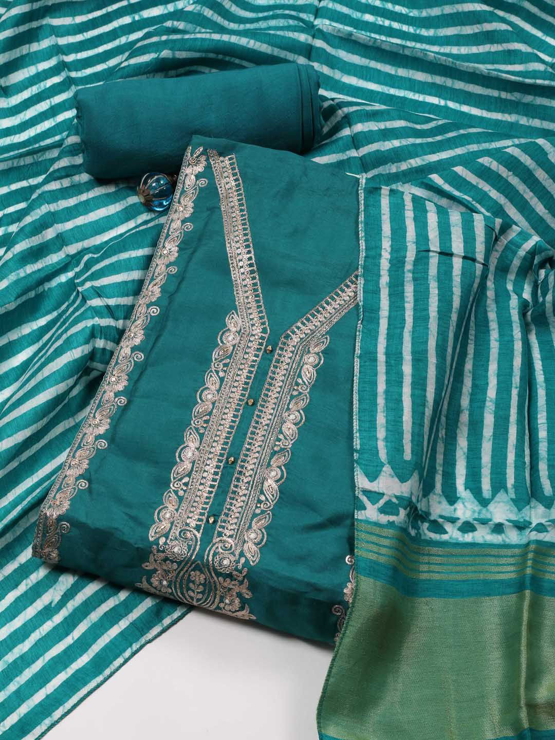 

Meena Bazaar Embroidered Thread Work Unstitched Dress Material, Green