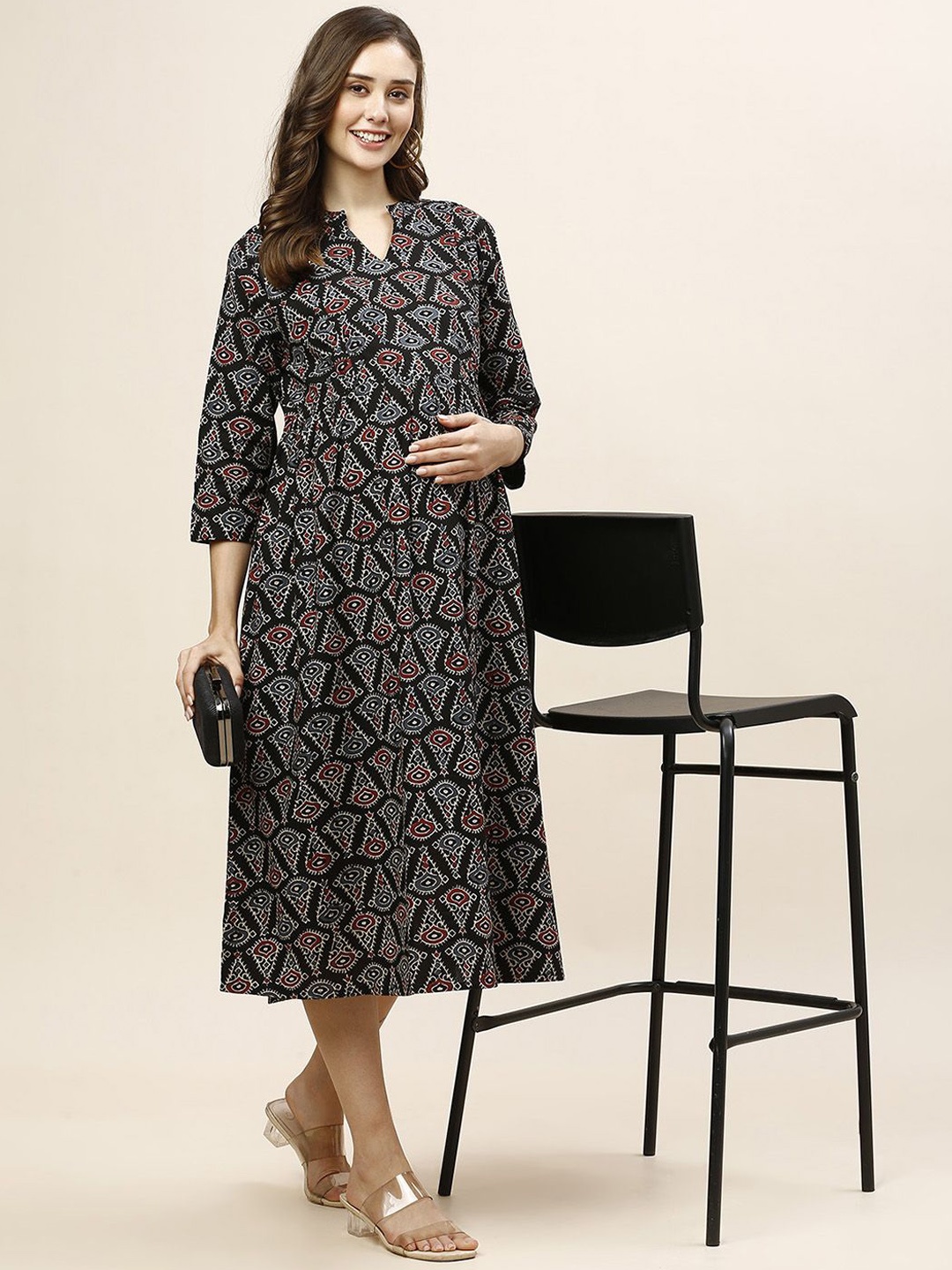 

MomToBe Ethnic Motifs Printed Maternity A-Line Midi Ethnic Dress, Black