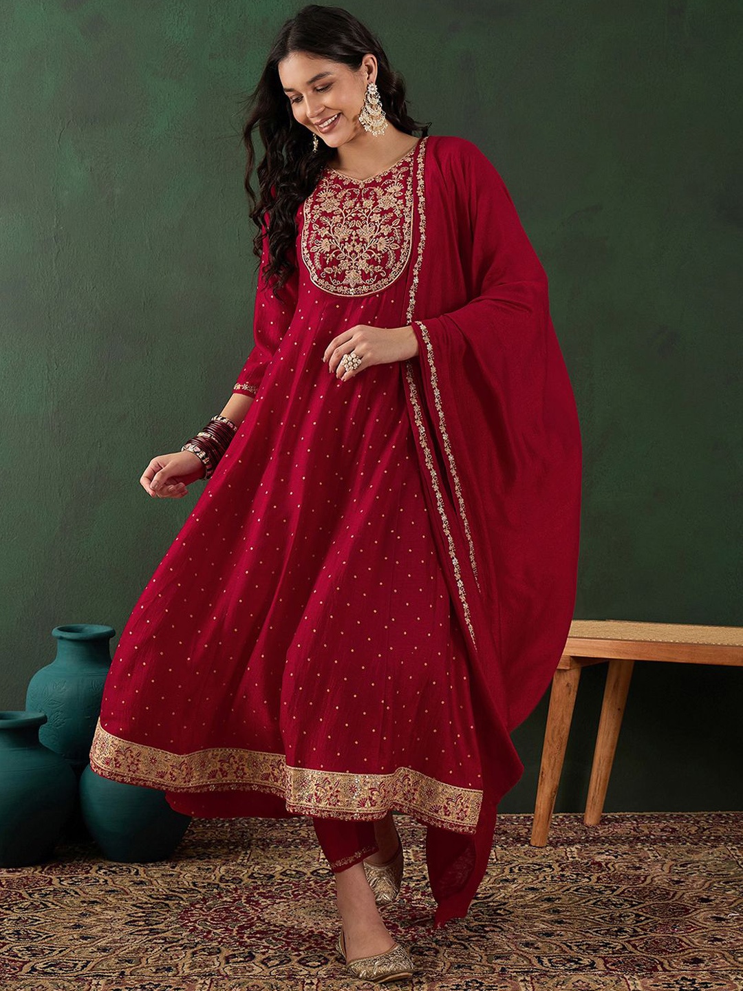 

Sangria Red & Gold Floral Embroidered Round Neck Anarkali Kurta With Trouser & Dupatta