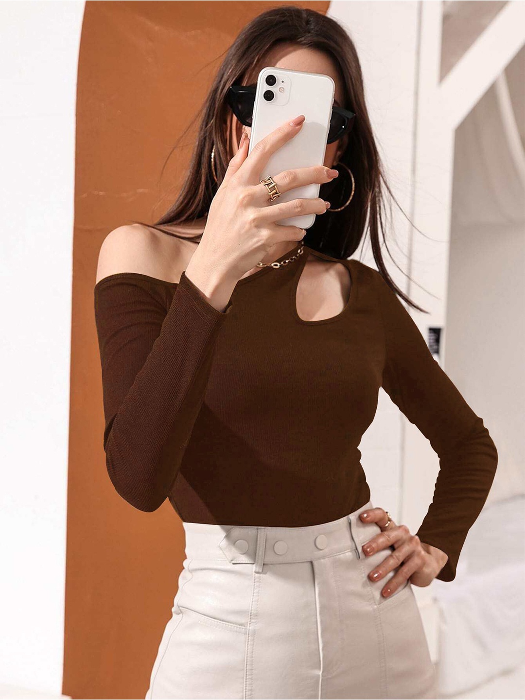

StyleCast Women Solid One Shoulder Top, Brown
