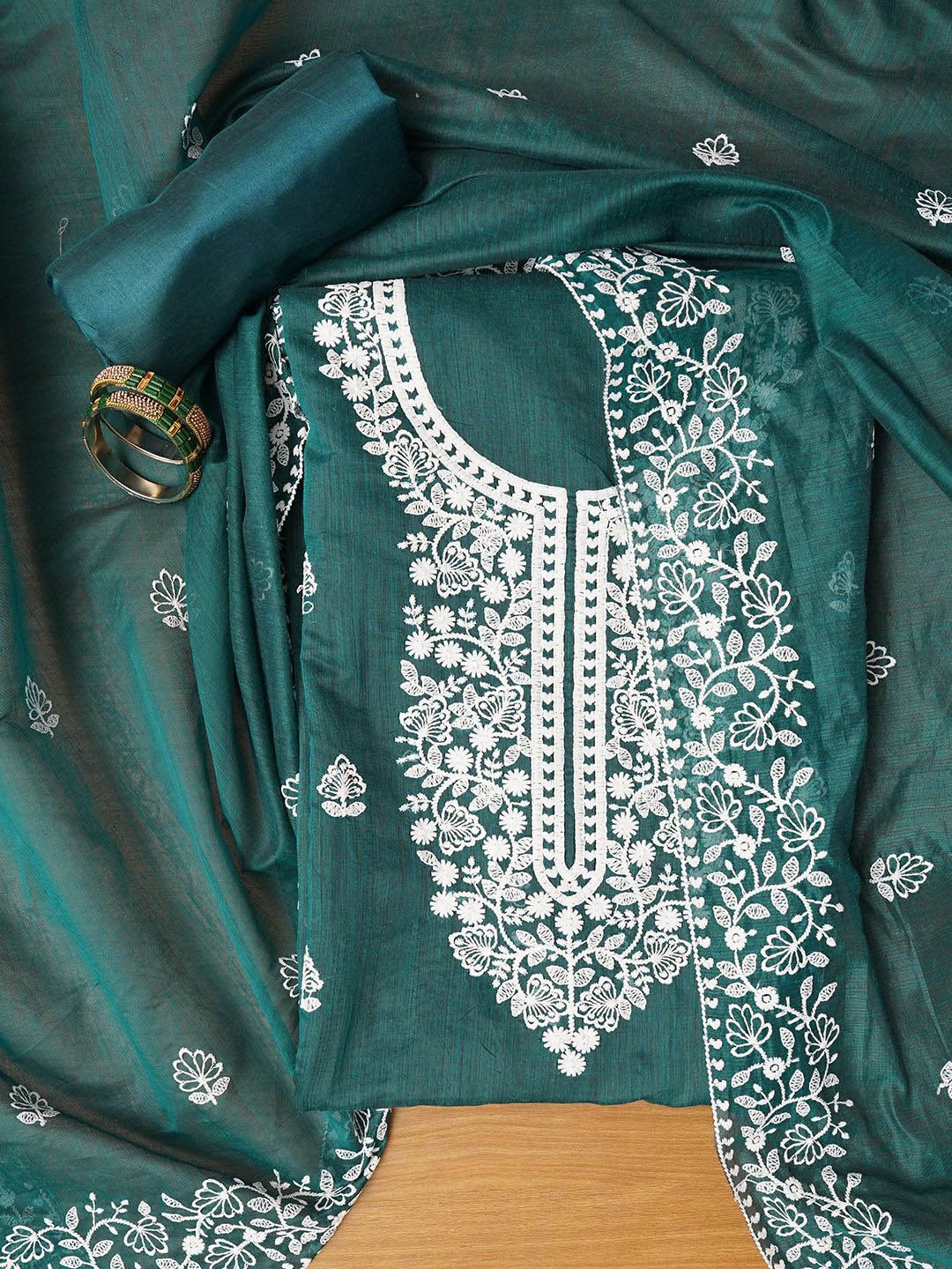 

Jaipur Kurti Unstitched Embroidered Cotton Blend Dress Material With Dupatta, Green
