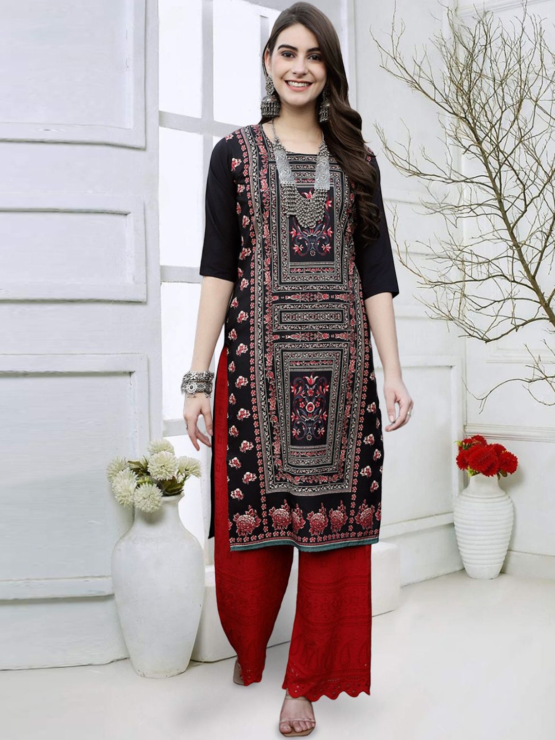 

7Threads Ethnic Motifs Printed Straight Kurta, Black