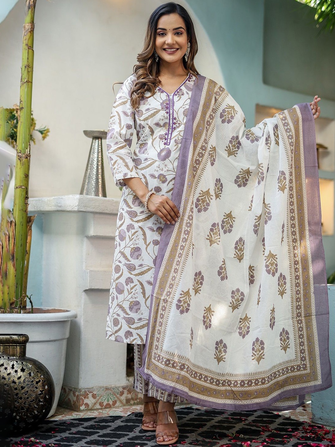 

Benaaz Floral Printed Straight Sequinned Pure Cotton Kurta with Trousers & Dupatta, White