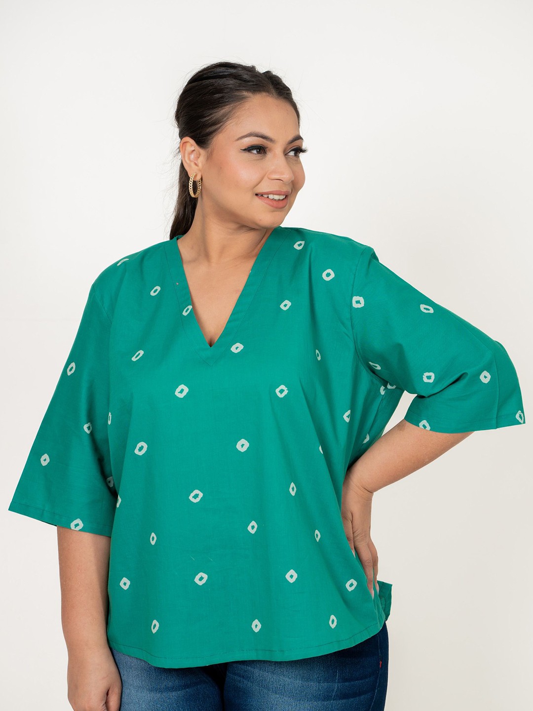 

GulaboJaipur Women Conversational Printed V-Neck Cotton Top, Green