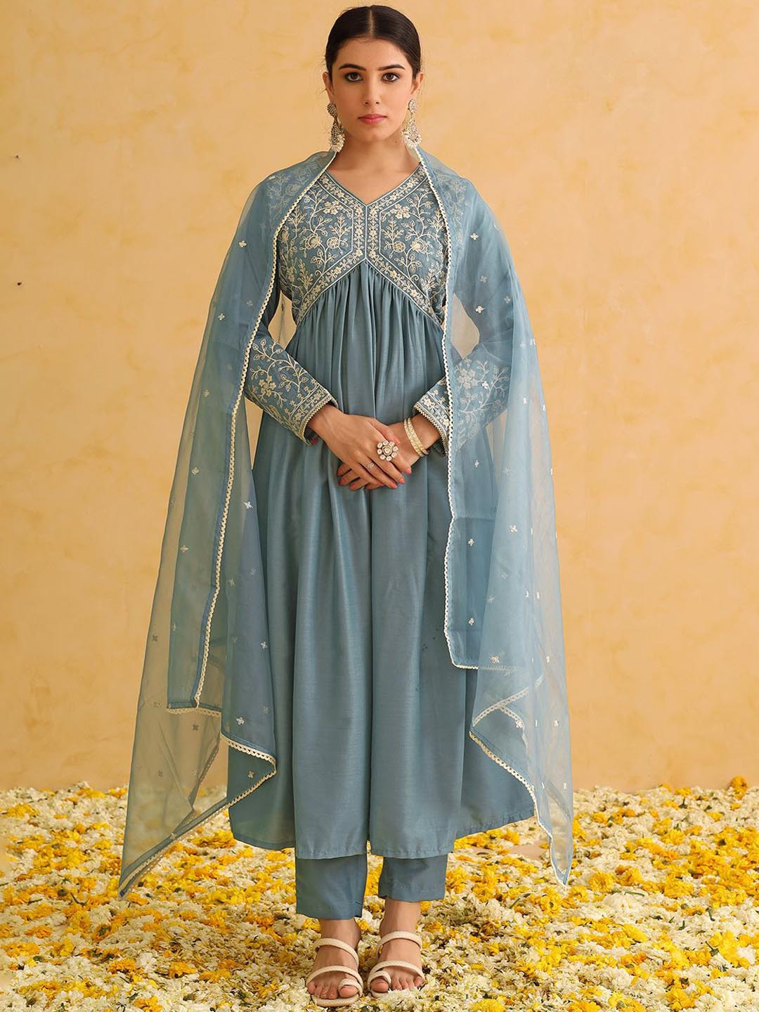 

KALINI Floral Embroidered V-Neck Empire Thread Work Anarkali Kurta With Trousers & Dupatta, Blue