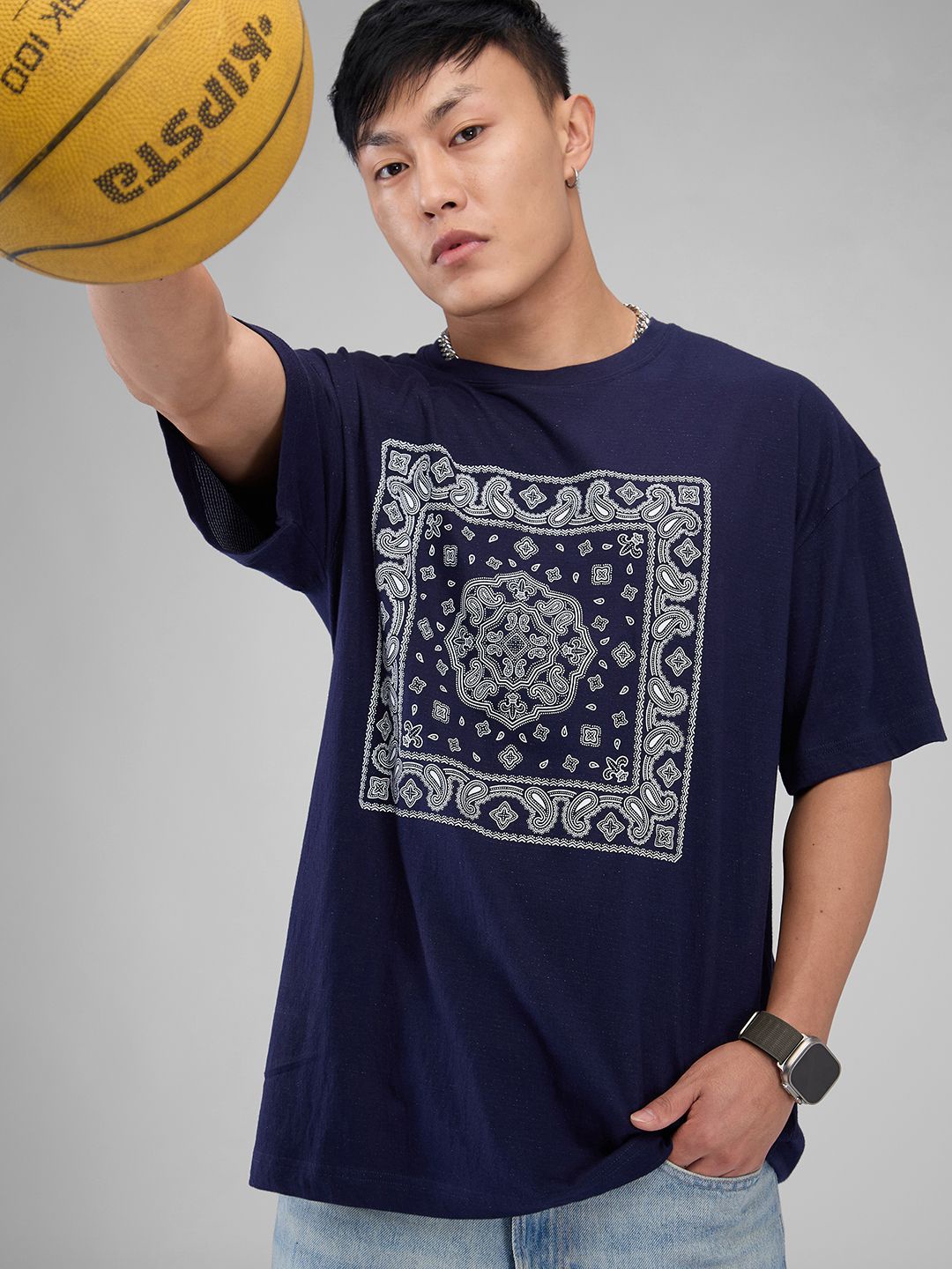 

VASTRADO Men Graphic Printed Round Neck Cotton Oversized T-shirt, Navy blue