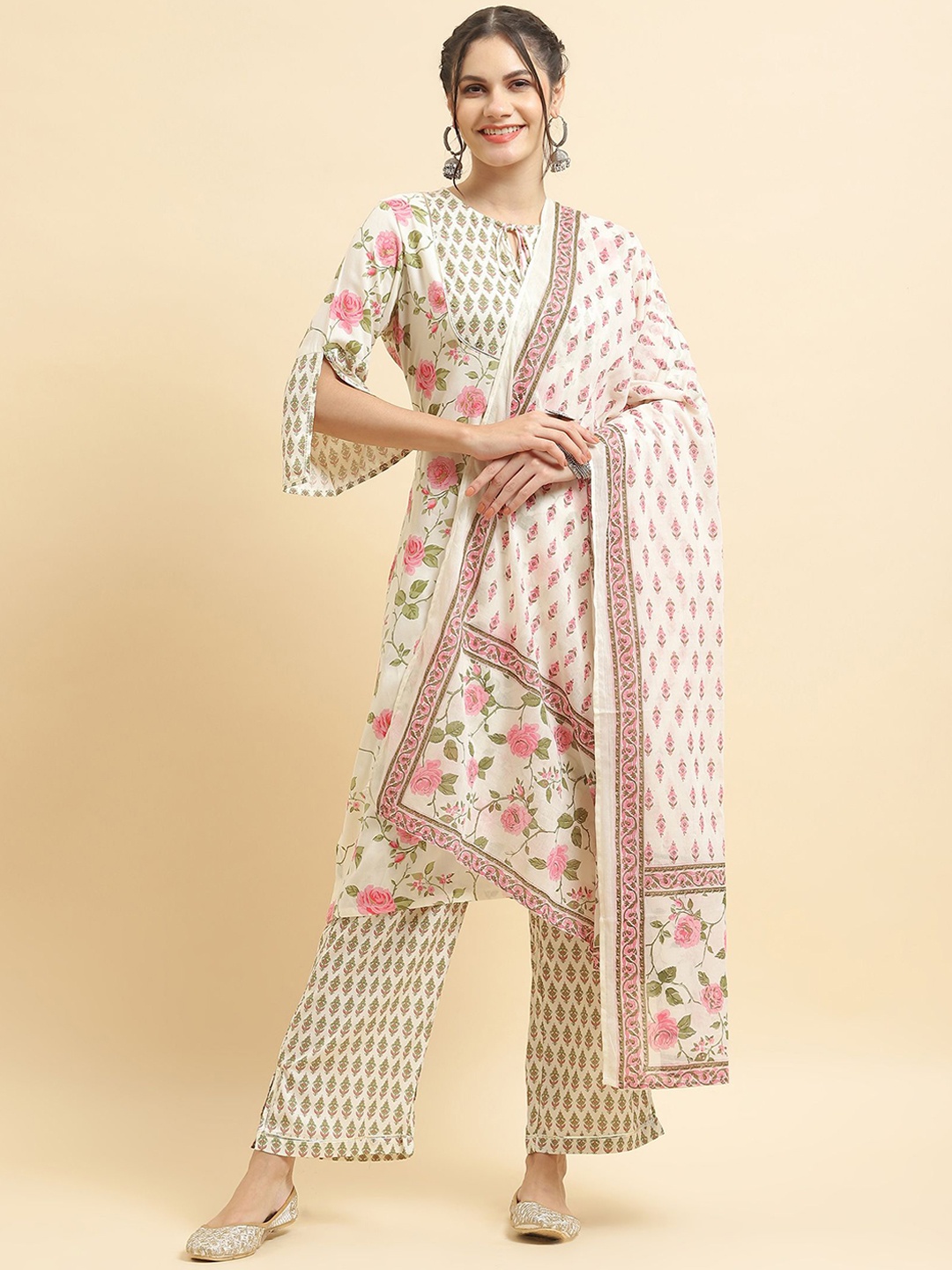 

Shree Floral Printed Keyhole Neck Bell Sleeves Straight Kurta with Trousers & Dupatta, Off white