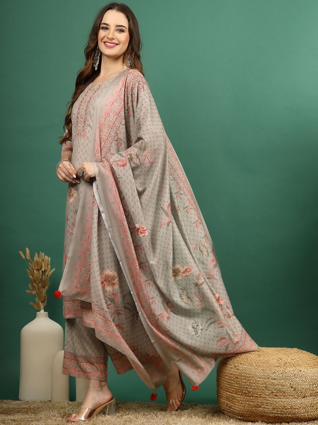 

Sangria Grey & Pink Floral Printed Notch Neck Straight Kurta With Palazzos & Dupatta