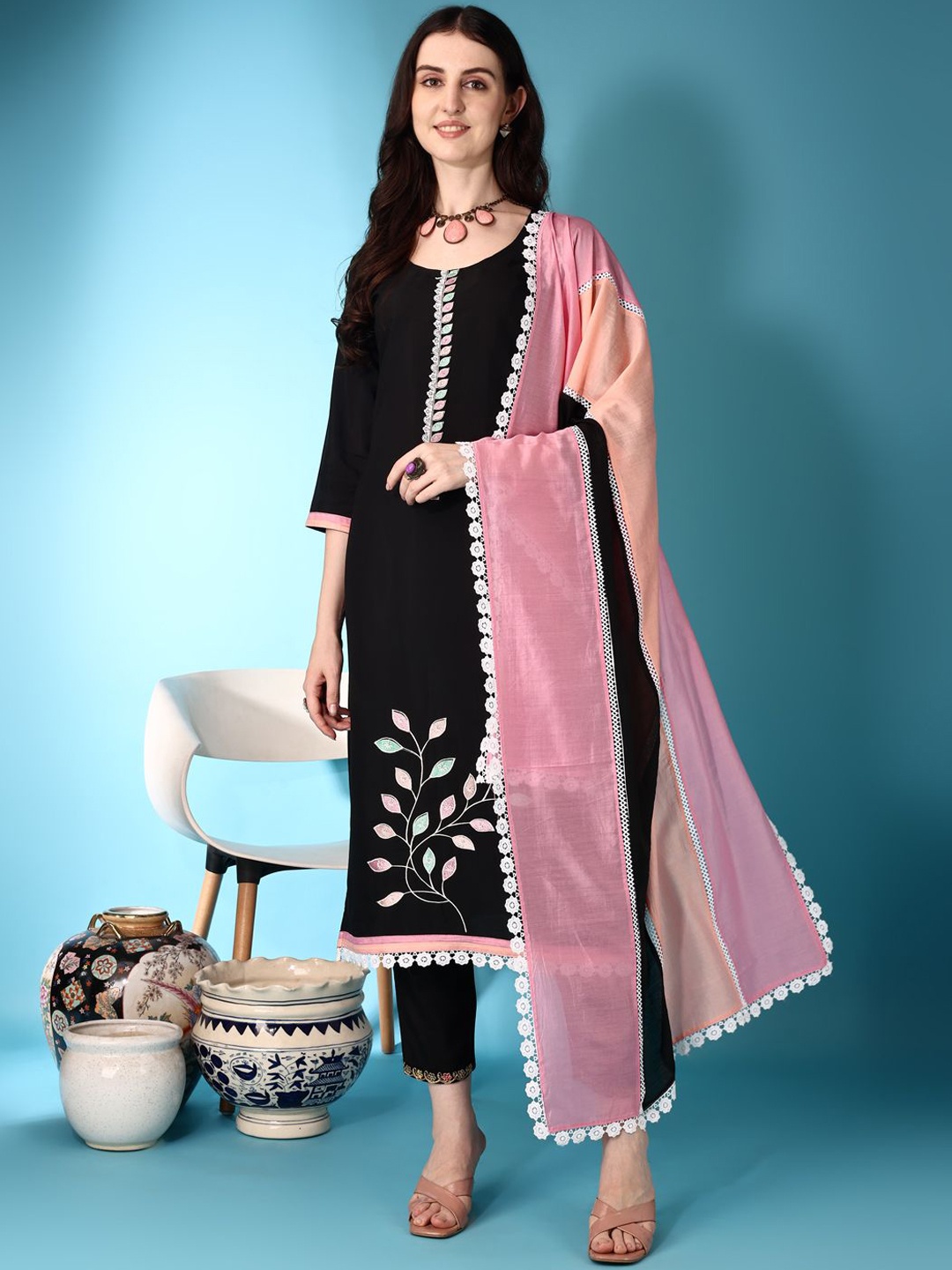 

KALINI Floral Gotta Patti Chanderi Cotton Straight Kurta with Trousers & Dupatta, Black