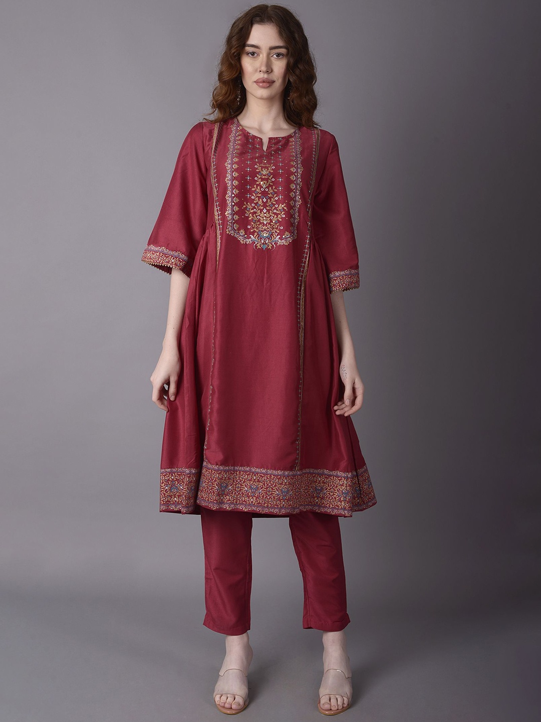 

Shree Ethnic Motifs Yoke Design Flared Sleeves Liva A-Line Kurta With Trousers, Pink