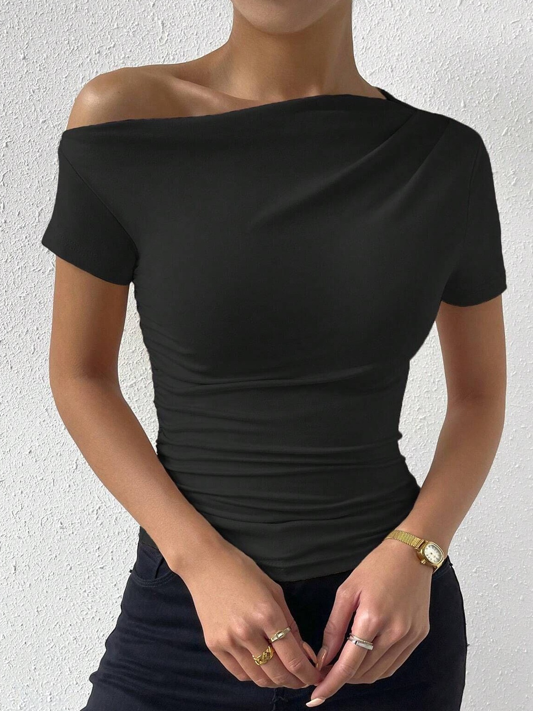 

StyleCast Women Solid One Shoulder Top, Black