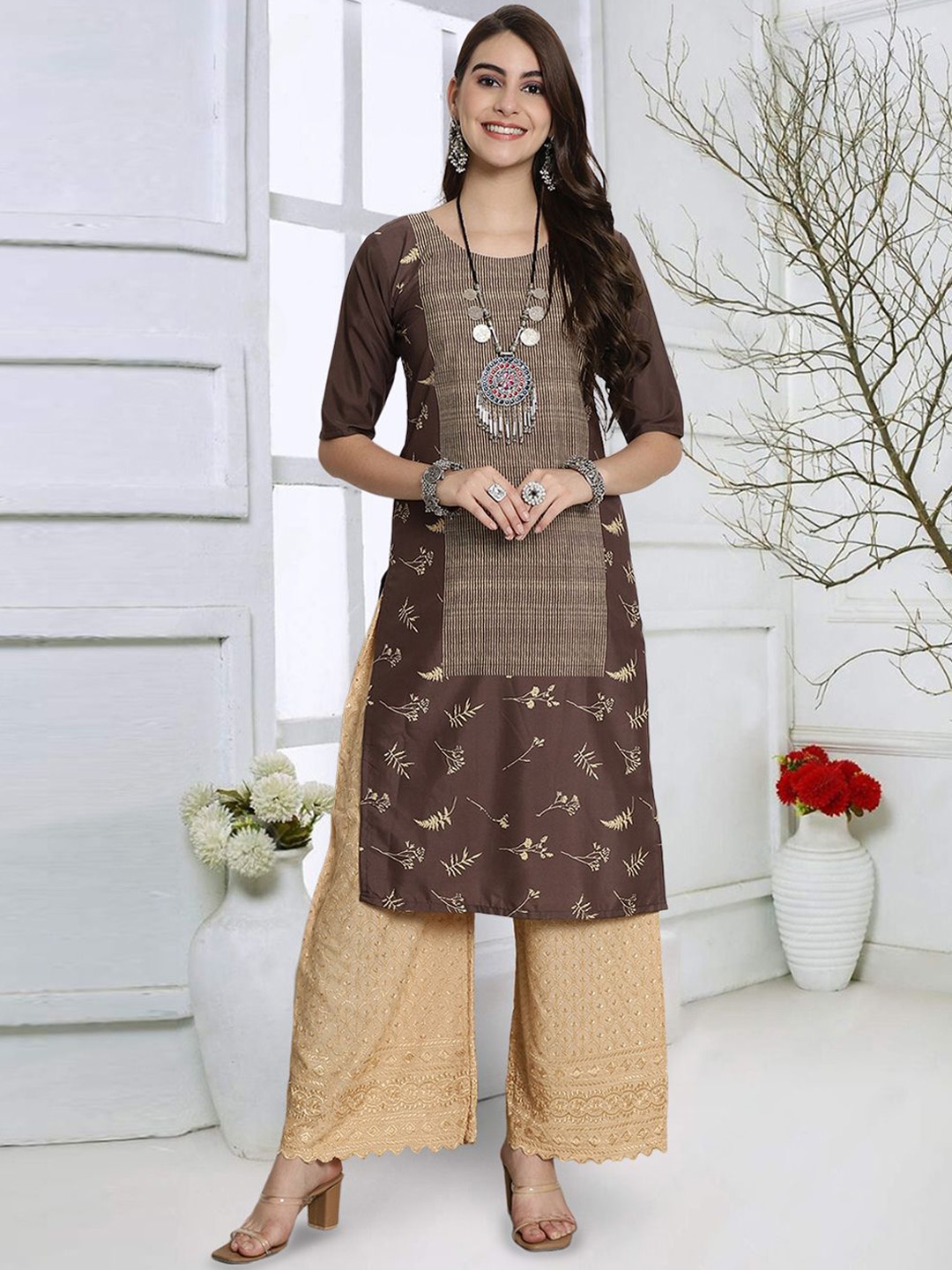 

7Threads Floral Printed Round Neck Crepe Straight Kurta, Brown