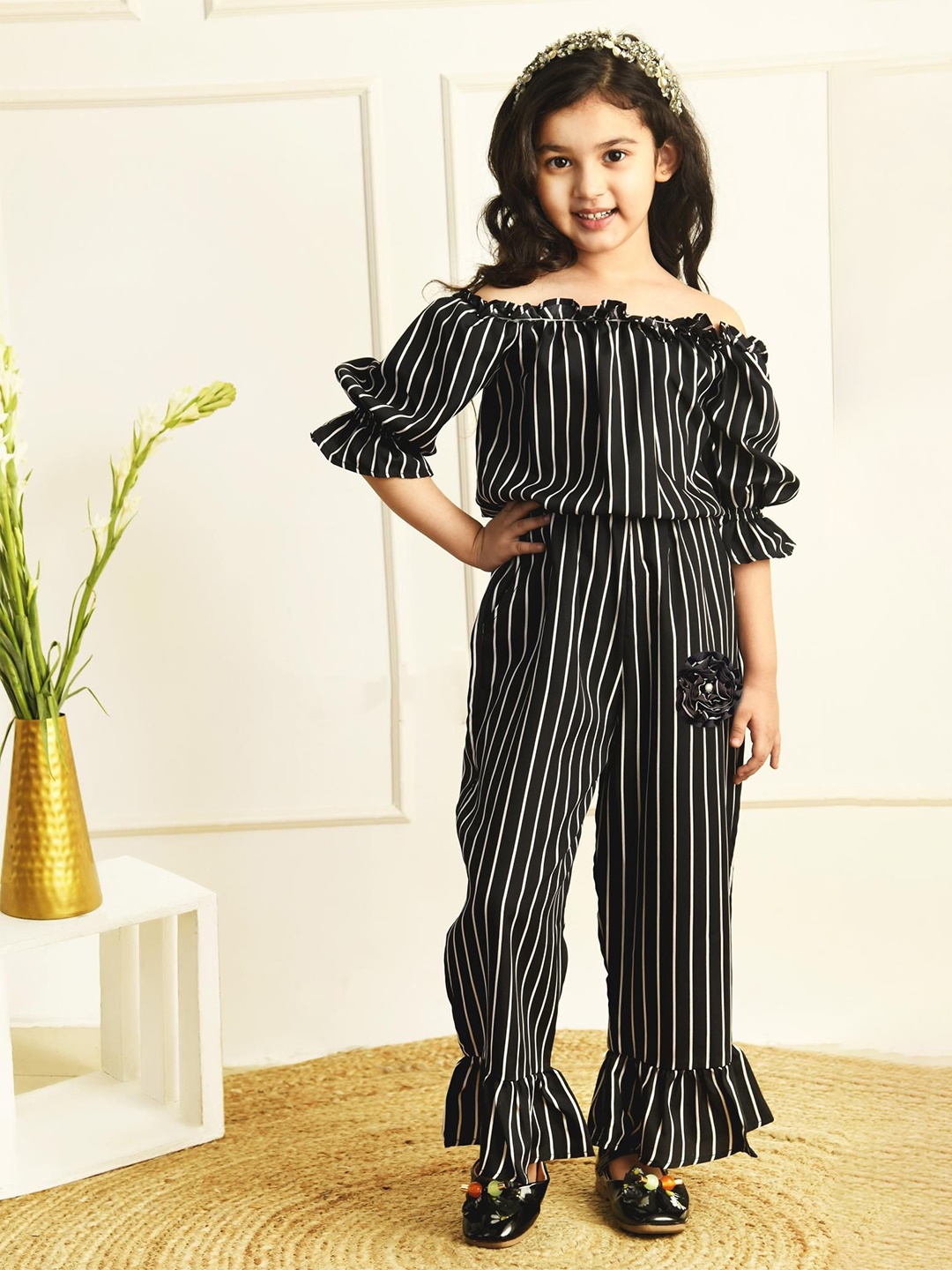

RANJ Girls Off-Shoulder Striped Basic Jumpsuit, Black