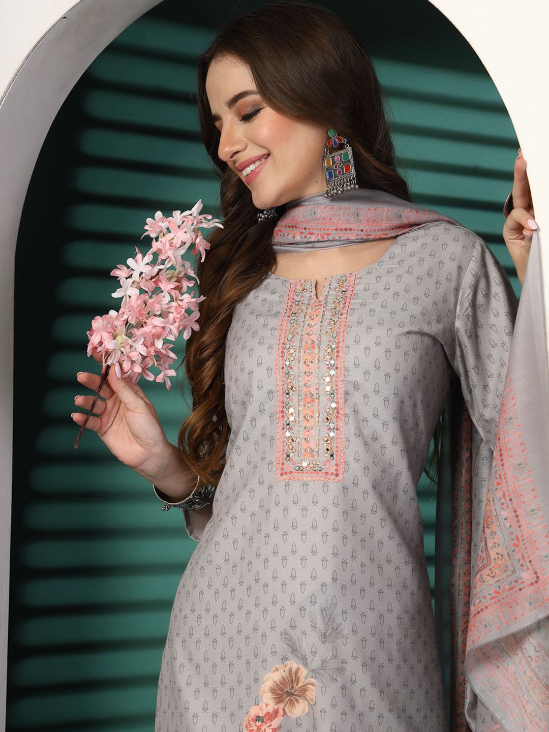 

Sangria Floral Printed Mirror Work Kurta with Palazzos & Dupatta, Grey