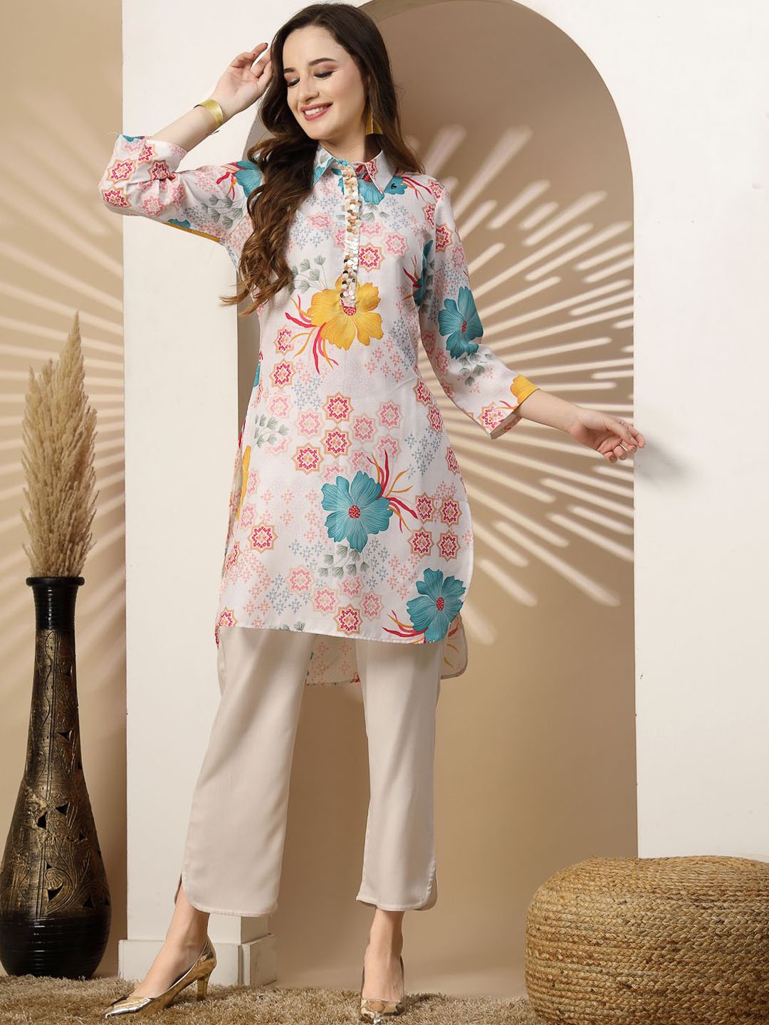 

Nayam By Lakshita Floral Printed Shirt Collar Cotton Straight Kurta, White
