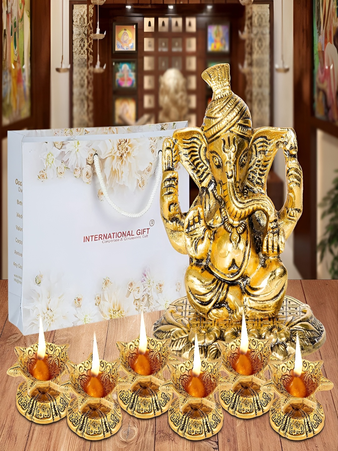 

INTERNATIONAL GIFT 7 Pieces Pagdi Ganesha God With Diyas & Box, Gold