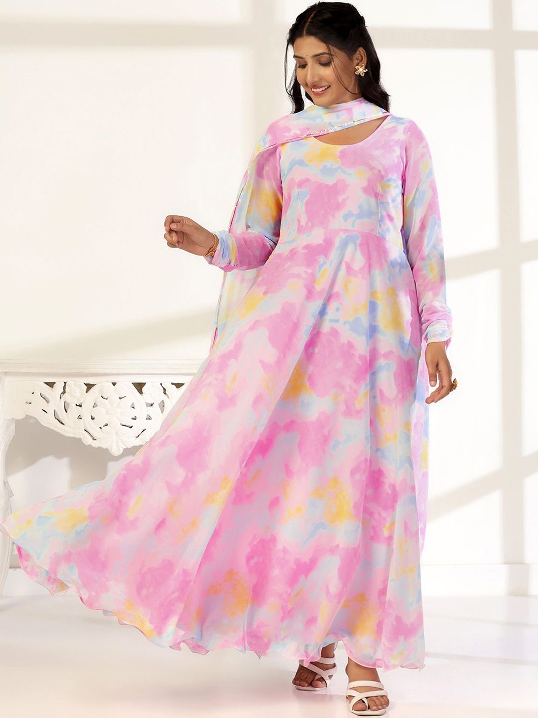 

BAESD Printed Fit & Flare Maxi Dress With Dupatta, Pink