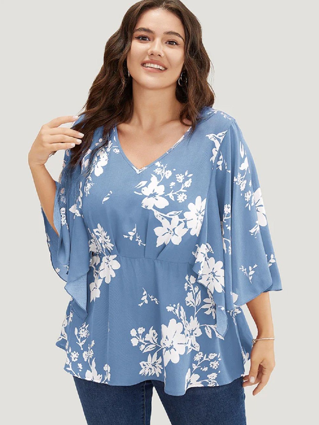 

MANKSH Women Floral Printed V-Neck Top, Turquoise blue