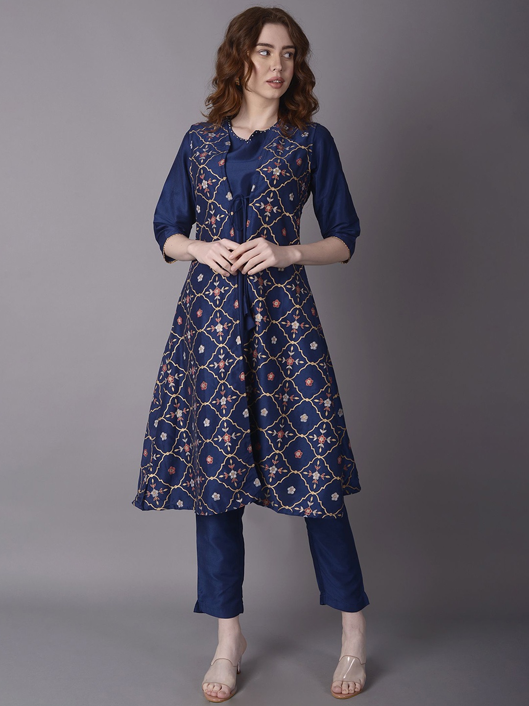 

Shree Sequined Round Neck Pocket Detailing Straight Kurta With Trousers & Jacket, Navy blue