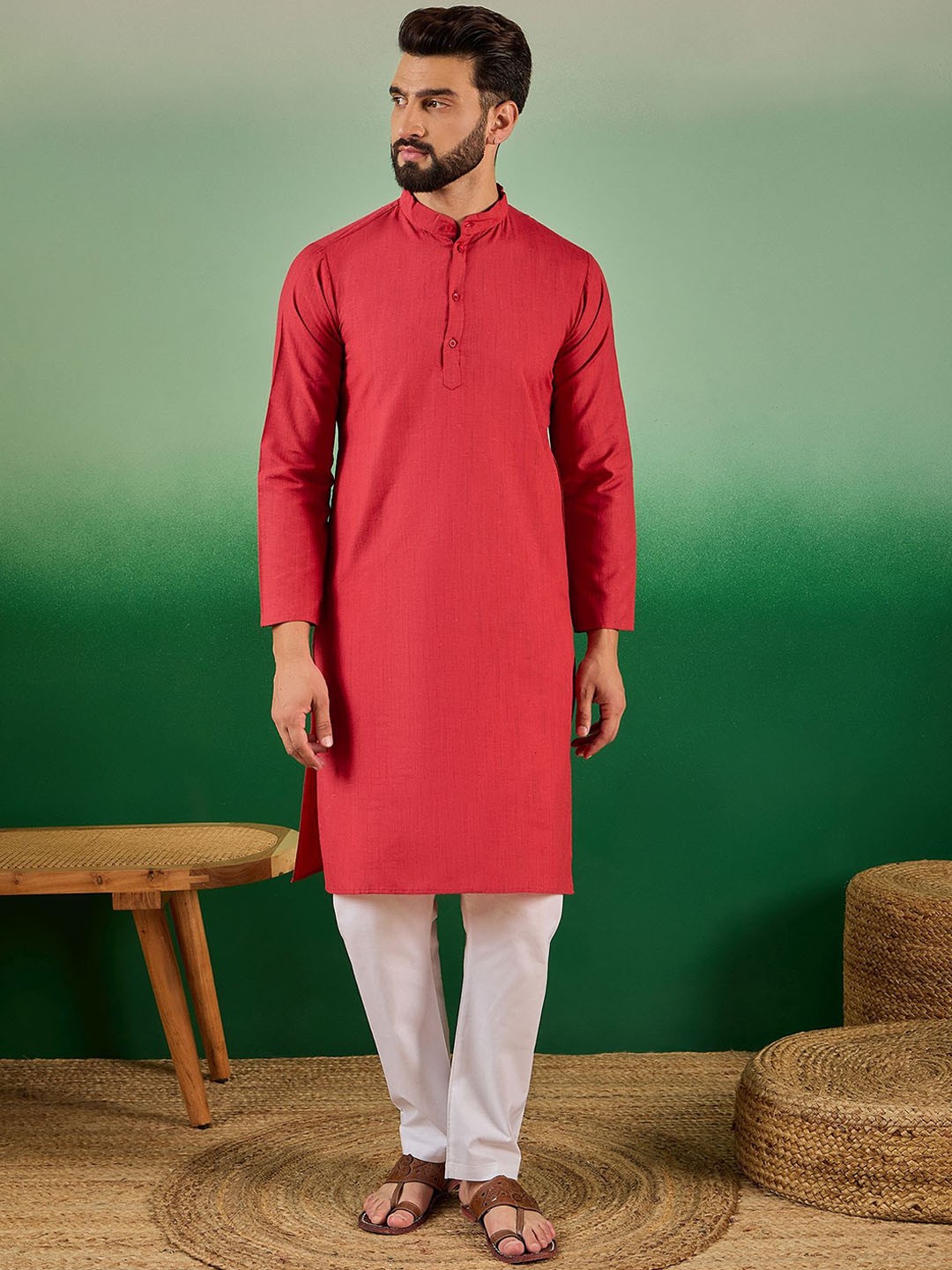 

Nimayaa Striped Woven Design Mandarin Collar Cotton Straight Kurta, Red