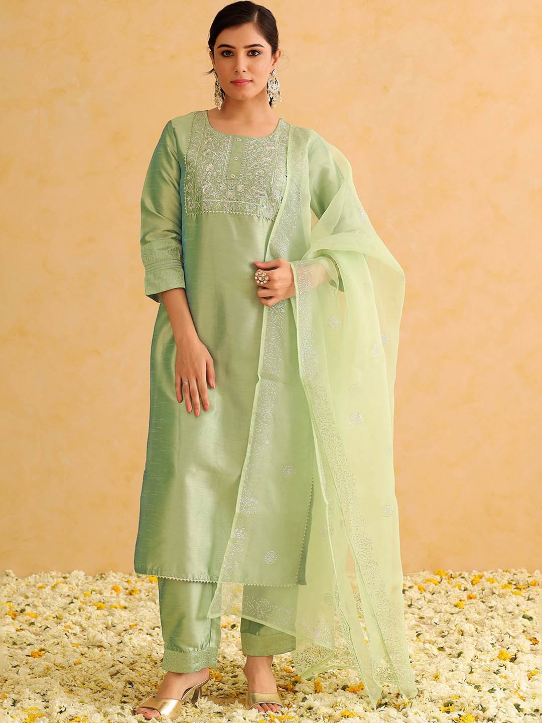 

KALINI Floral Embroidered Straight Kurta with Trousers & Dupatta, Green