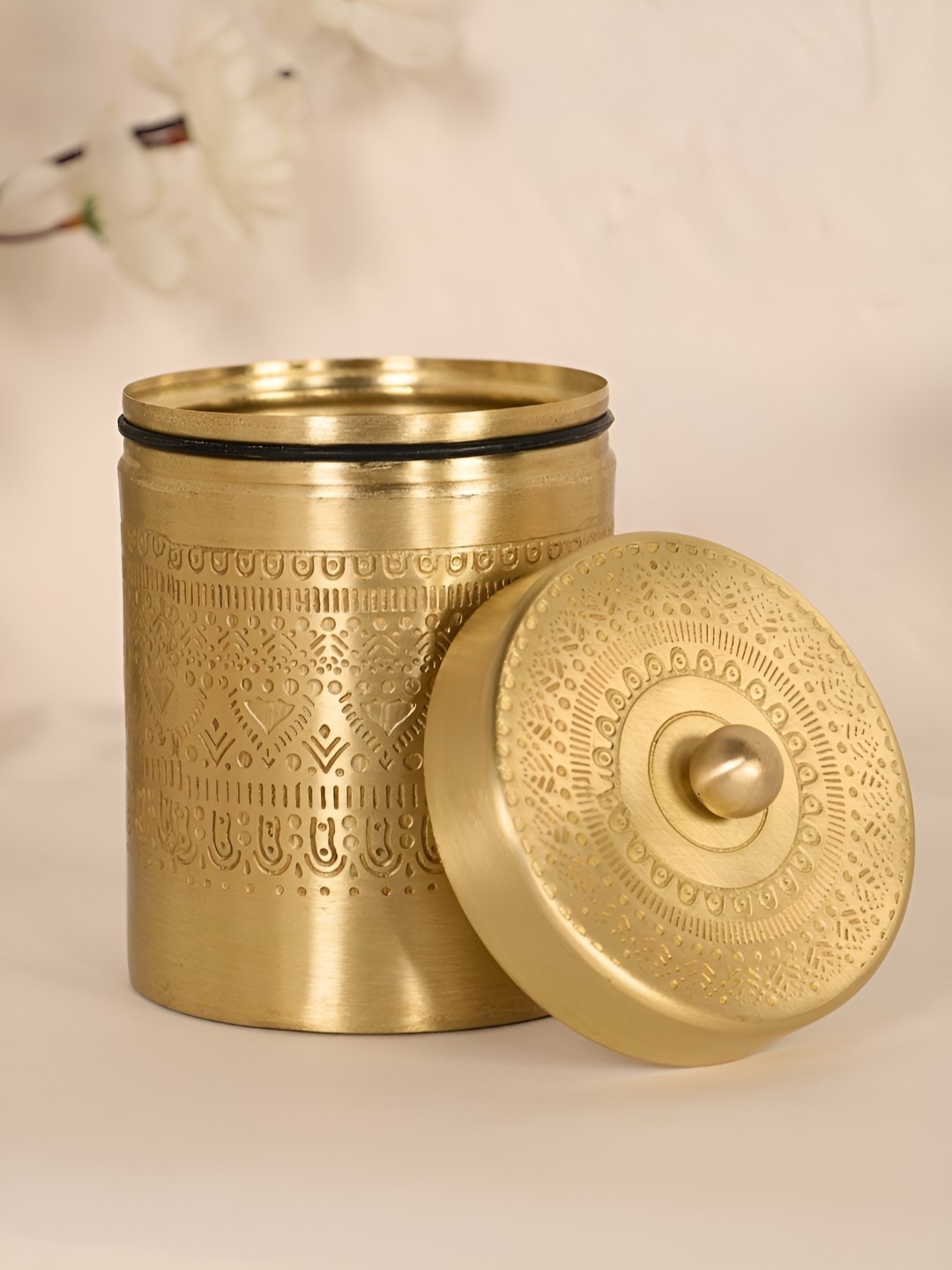 

Peepul Tree Textured Brass Jar with Lid, Gold