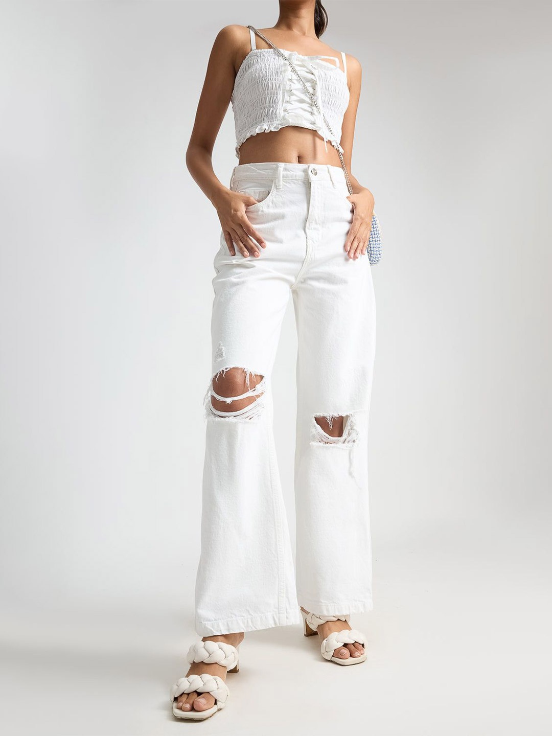 

FREAKINS Women Cotton Wide Leg High-Rise Highly Distressed Stretchable Jeans, White