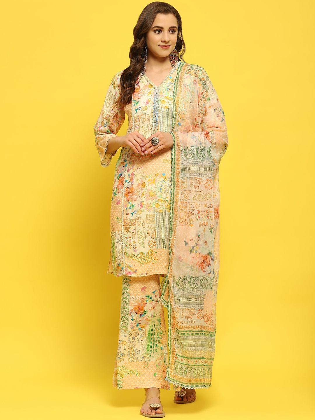 

Shree Ethnic Motifs Printed Regular Liva Kurta With Trousers & With Dupatta, Yellow