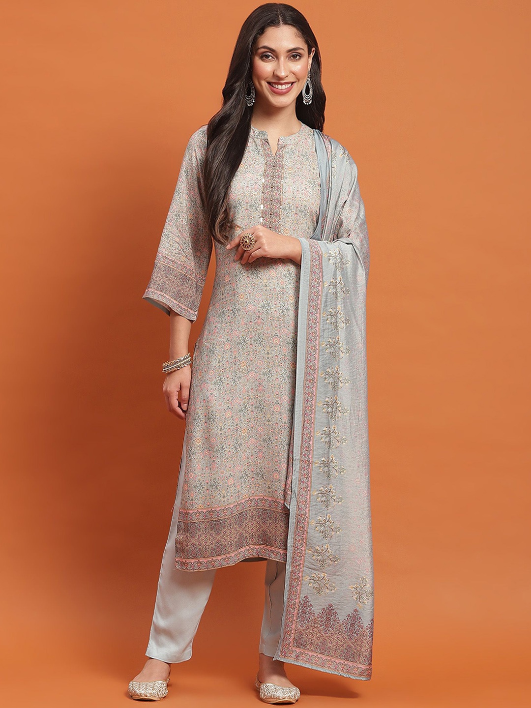 

Shree Floral Printed Sequinned Kurta with Trousers & Dupatta, Blue