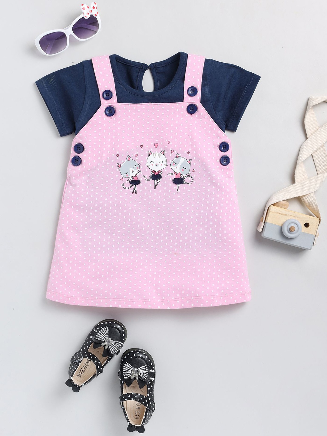 

MIMINO Infant Girls Printed Pure Cotton Dungarees, Pink