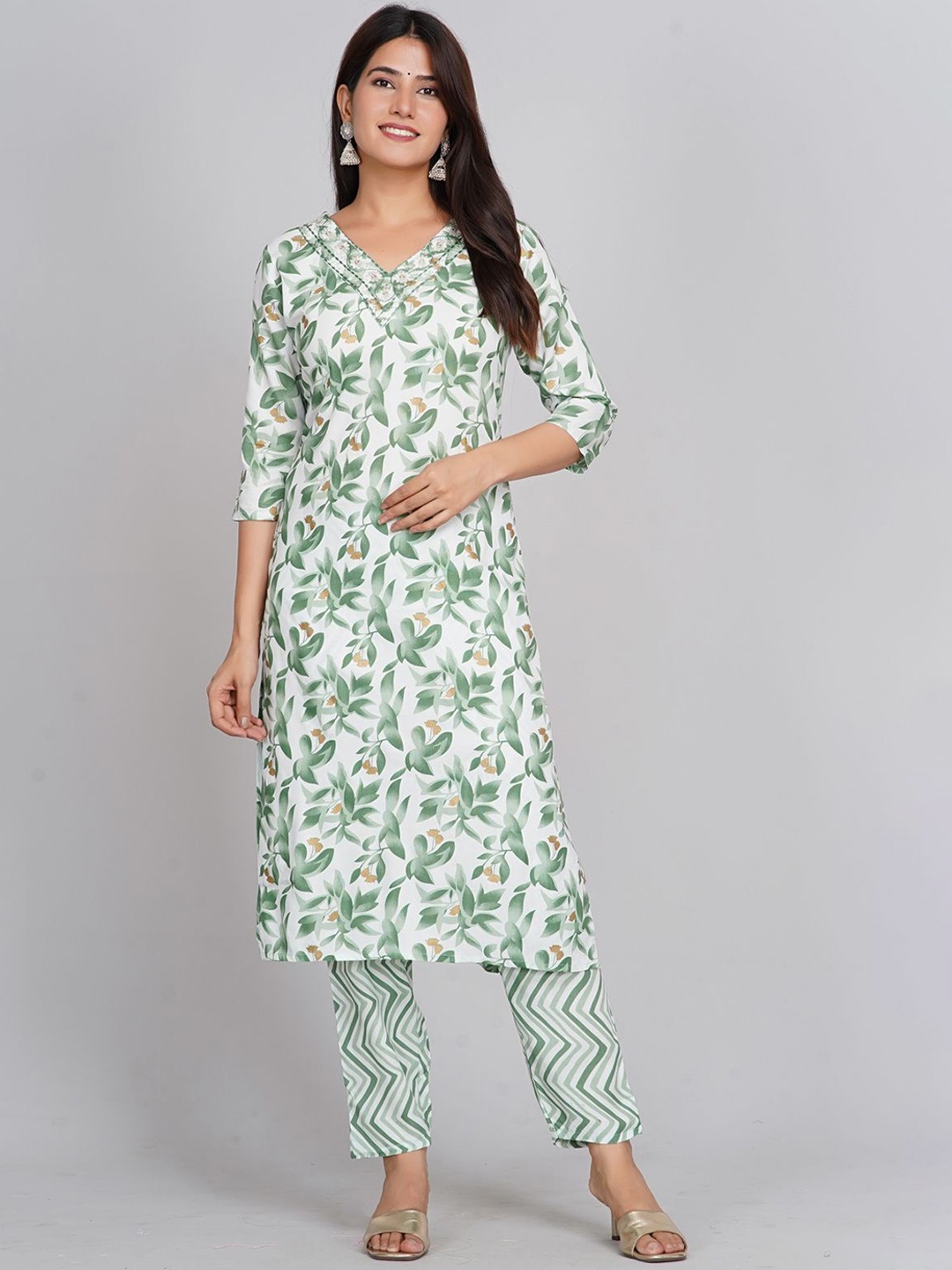 

KALINI Floral Printed Straight Kurta with Trousers, White