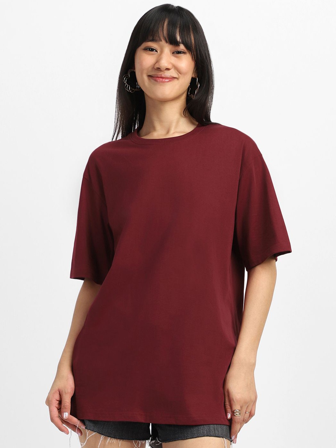 

JUNEBERRY Women Solid Round Neck Pure Cotton Oversized T-shirt, Maroon
