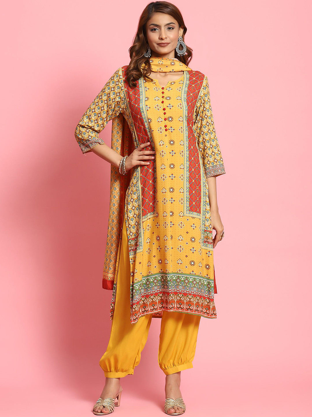 

Shree Geometric Printed Notched Round Neck Straight Kurta with Harem Pants & Dupatta, Mustard