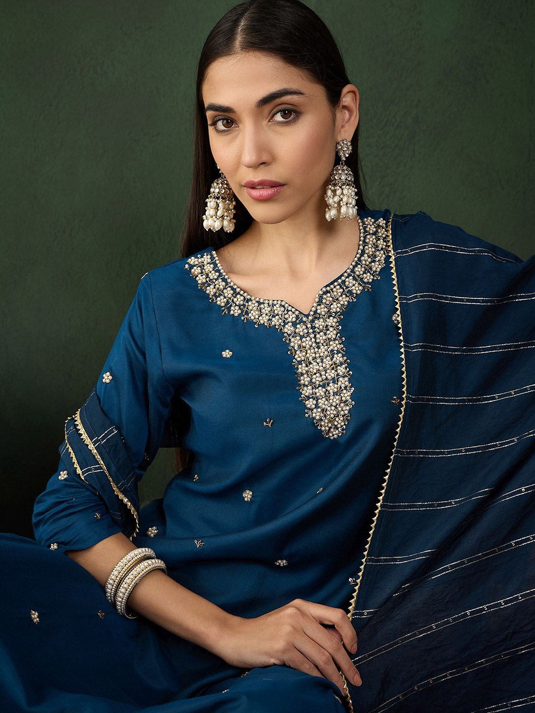 

Sangria Navy Blue Embroidered Sweetheart Neck Pure Silk Kurta With Trouser & Dupatta