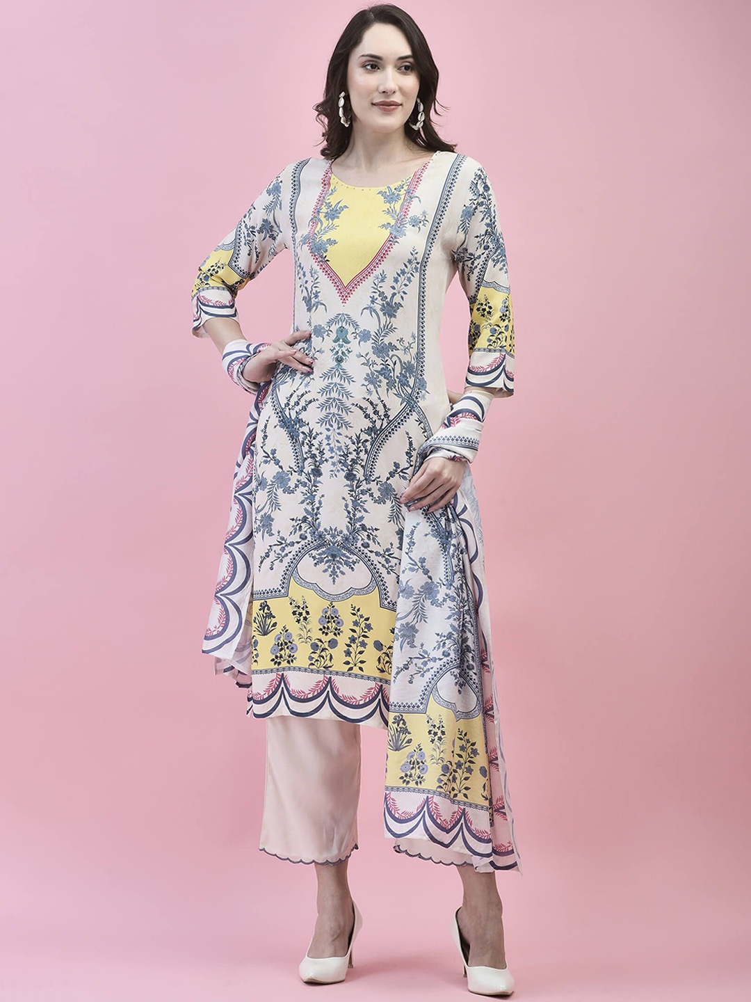 

Shree Floral Printed Sequinned Liva Straight Kurta & Trousers With Dupatta, Cream