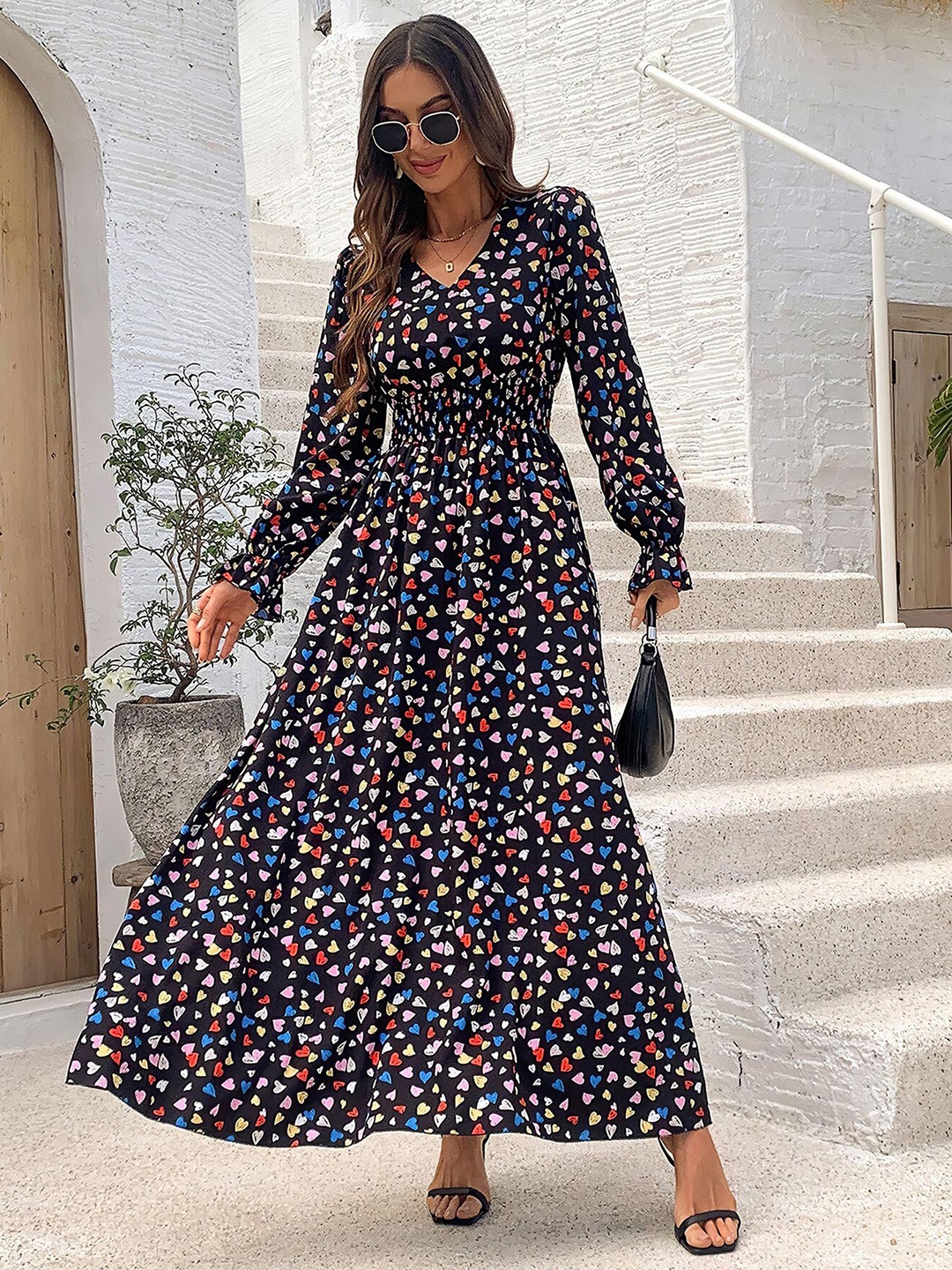 

StyleCast x Revolte Printed Fit and Flare Maxi Dress, Black