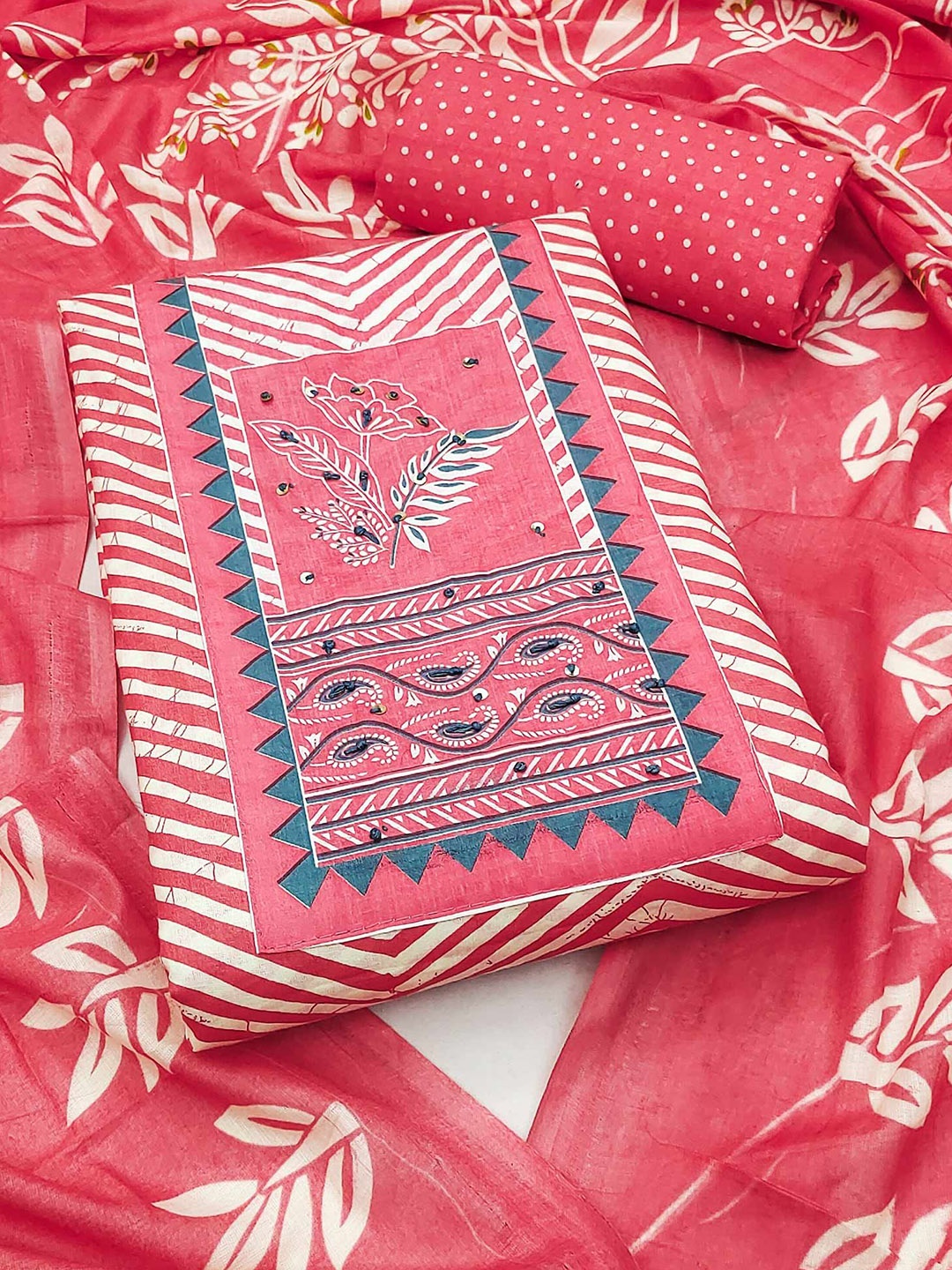 

Peachmode Printed Pure Cotton Unstitched Dress Material, Pink