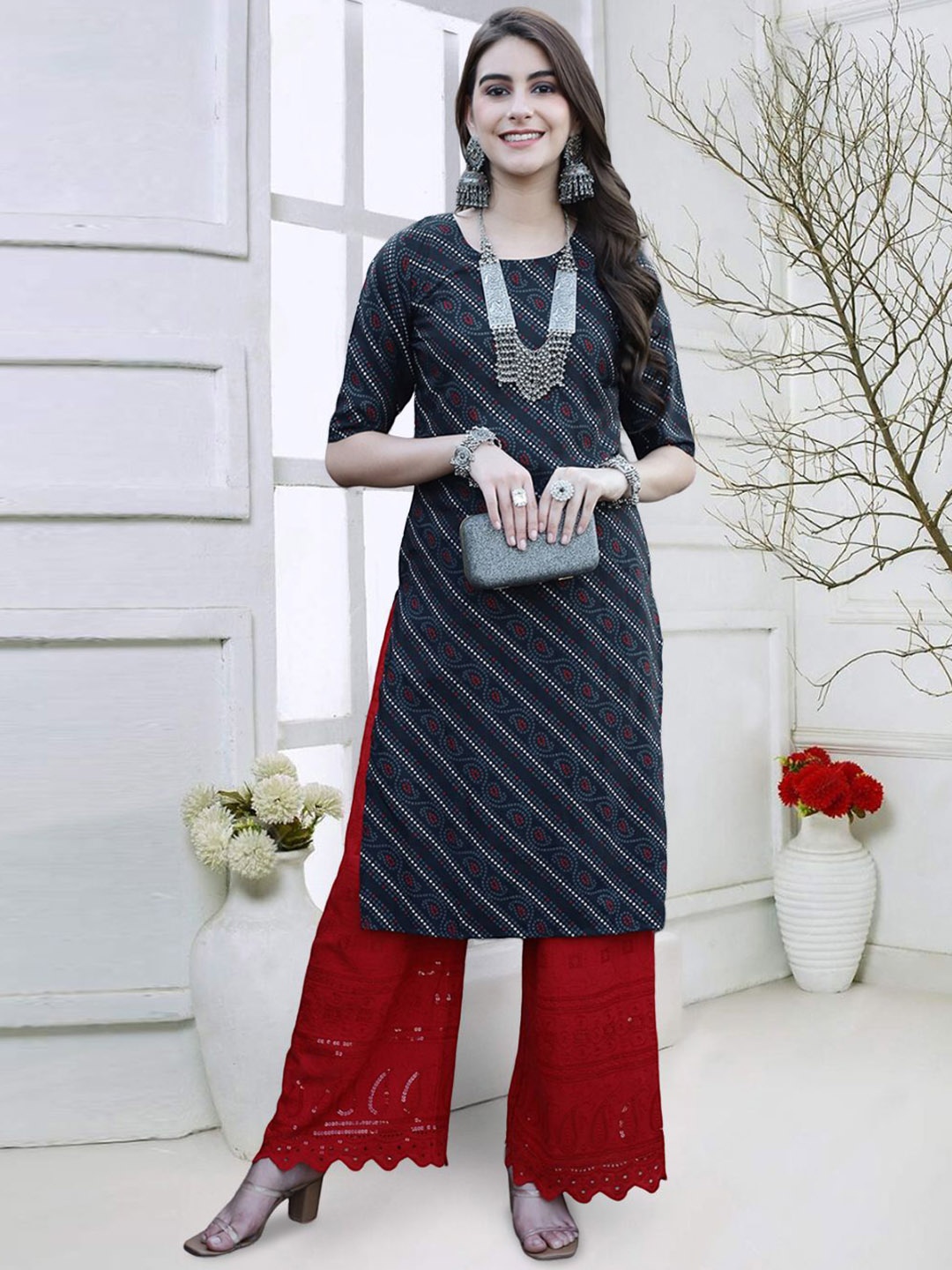 

7Threads Bandhani Printed Round Neck Straight Kurta, Navy blue