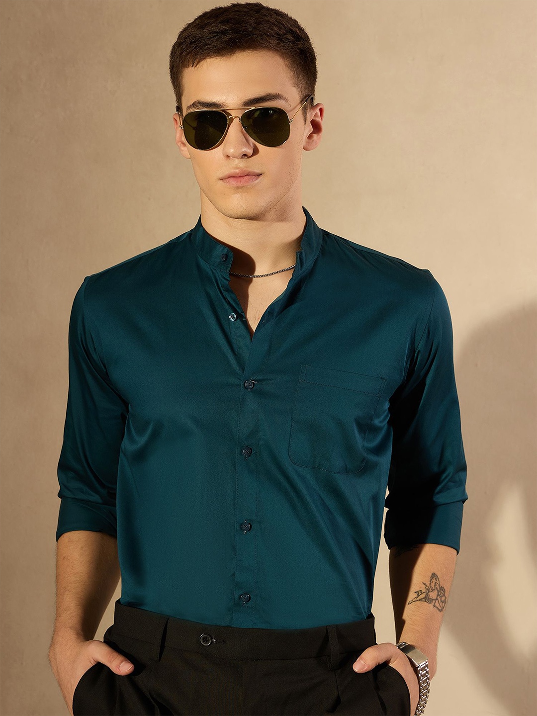 

DENNISON Men Smart Band Collar Solid Cotton Casual Shirt, Teal