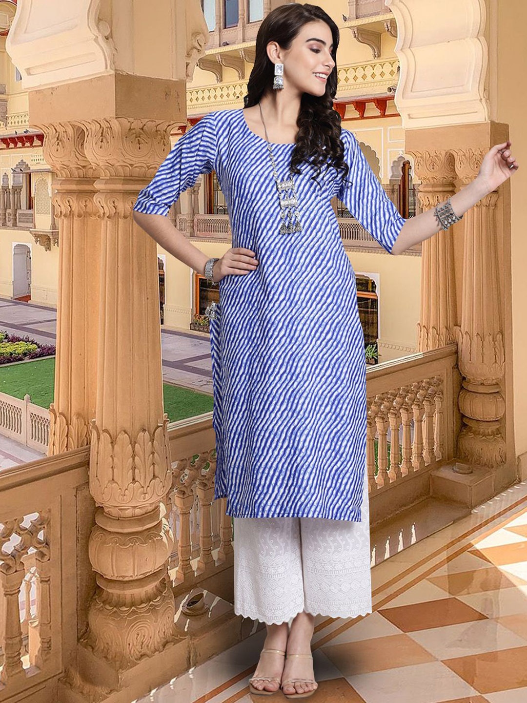 

7Threads Leheriya Printed Round Neck Three-Quarter Sleeves Straight Kurta, Blue