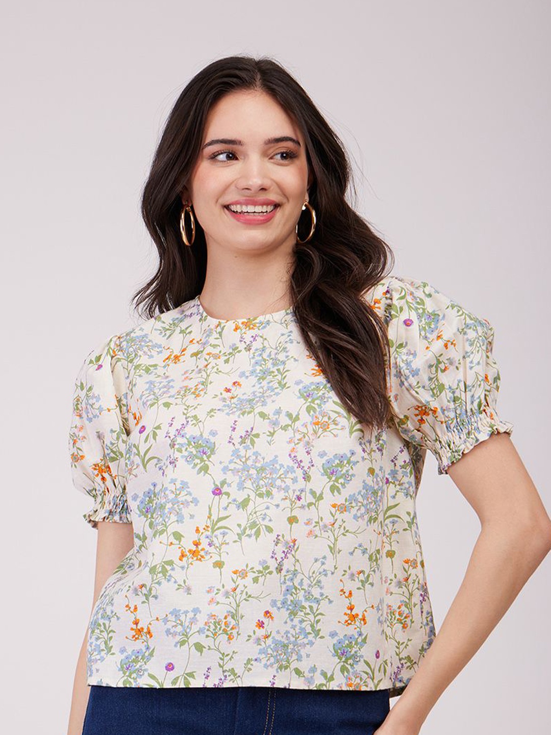 

FableStreet Women Floral Printed Round Neck Linen Top, Beige