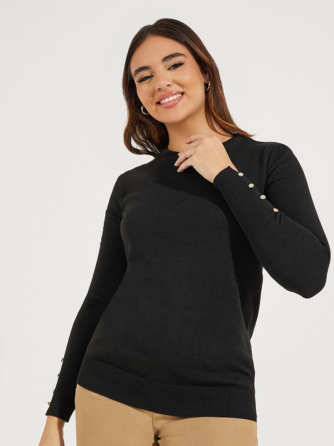 

Styli Slim Fit Regular Length Round Neck Sweater with Button Cuff Detail, Black