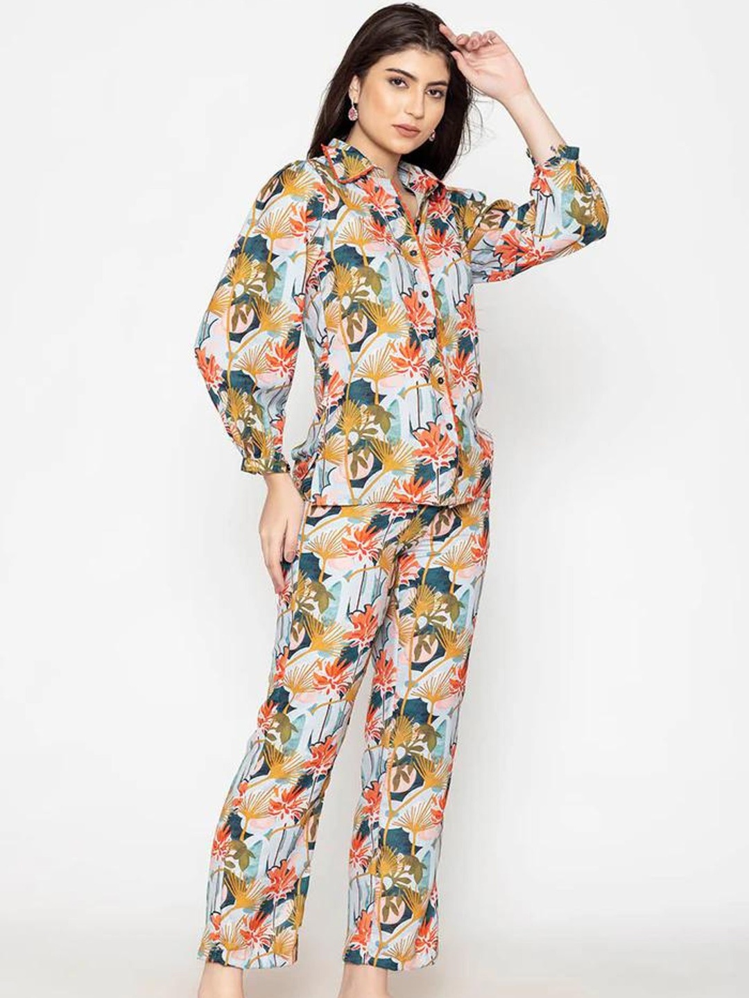 

DESIGNS BY QUEEN BEE Floral Printed Lapel Collar Shirt With Pyjamas, Blue