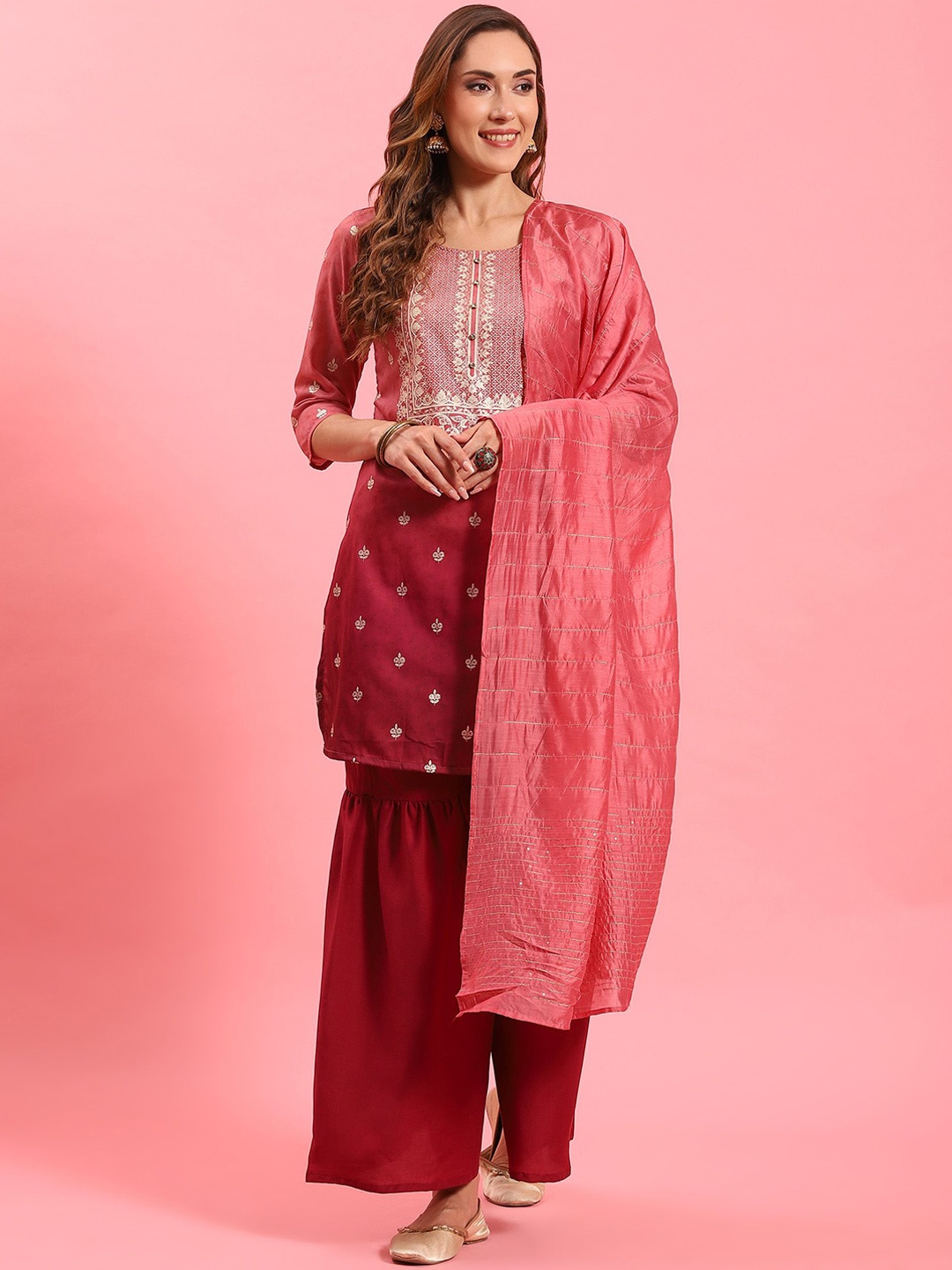 

Shree Floral Printed Kurta with Sharara & With Dupatta, Pink