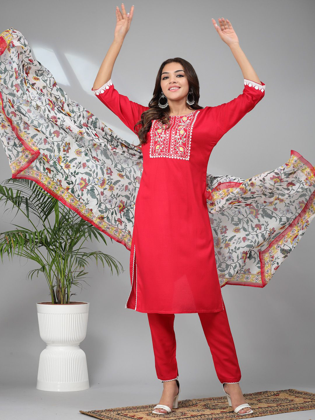 

BAESD Floral Embroidered Thread Work Straight Kurta With Trousers & Dupatta, Red