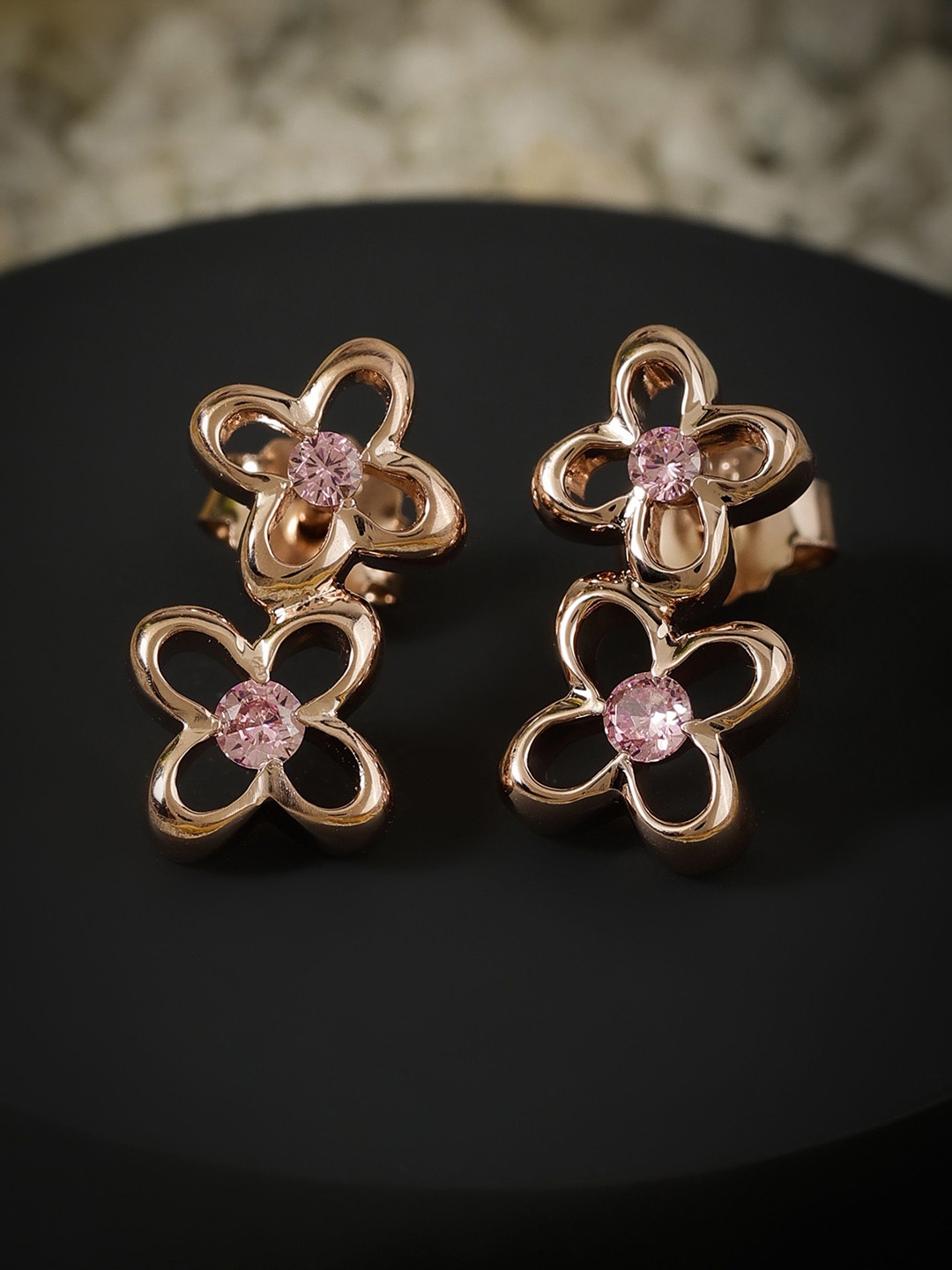 

DIAVO 925 Sterling Silver Rose Gold-Plated Cubic Zirconia Studded Floral Drop Earrings